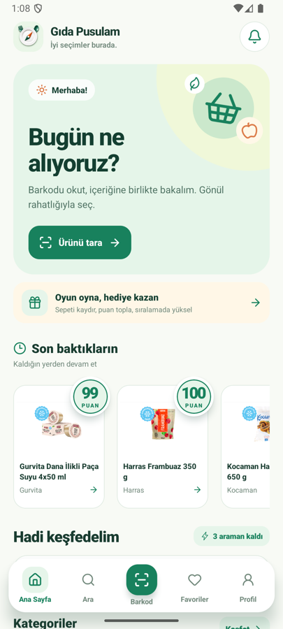 Gıda Pusulam uygulamasının ana ekranı; ürün tarama, son bakılan ürünler ve kategoriler